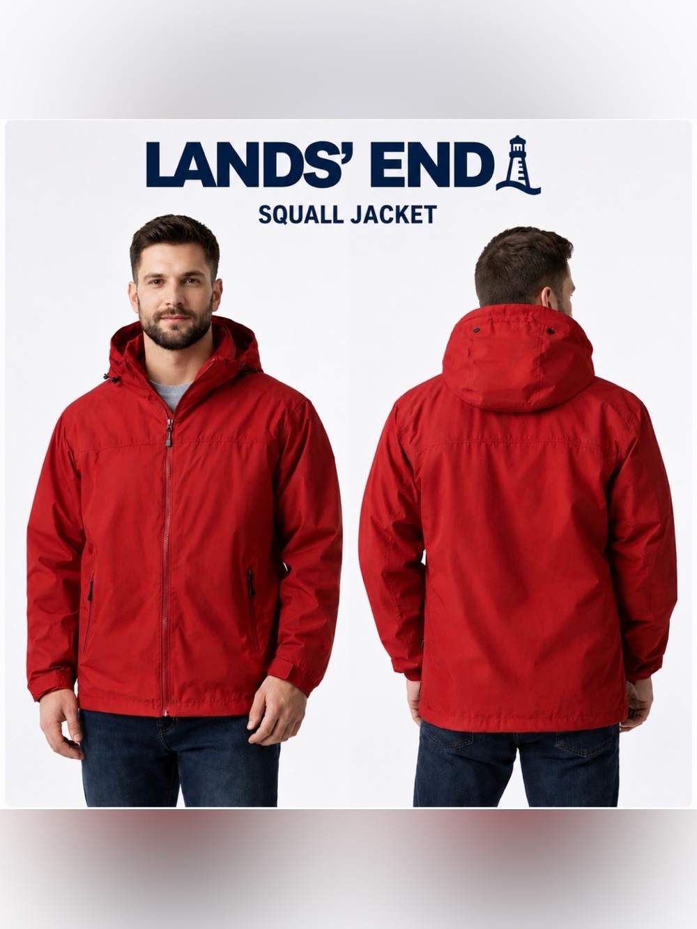 Lands’ End Squall Jacket Mens L Red Hooded Wind Water Resistant Full Zip Coat